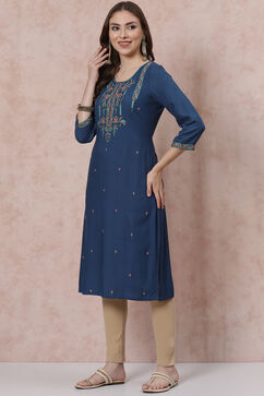 Teal Blue LIVA Straight Kurta image number 0